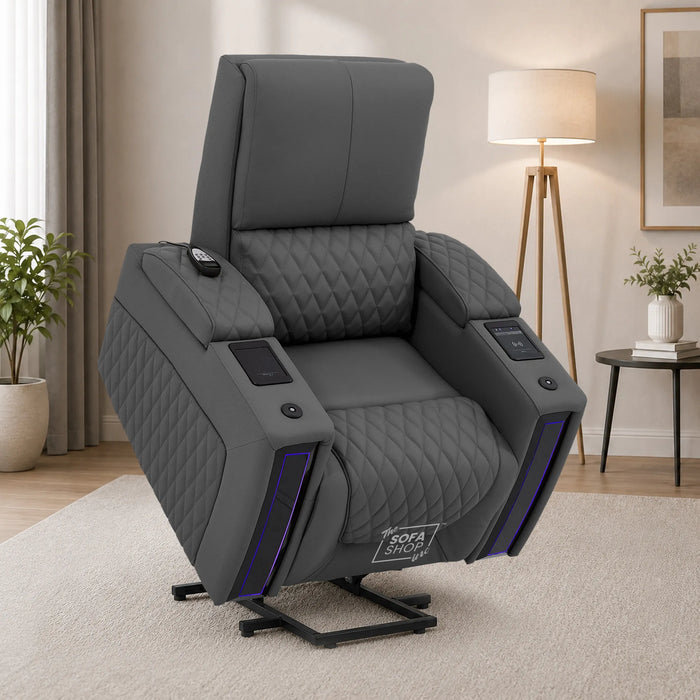 1 Seater Electric Recliner Riser Chair | Power Recline, Heated Lumbar & Massage, Cooling & Heating Cup Holders | Grey Real Leather Riser Armchair with Tray Tables | Assisi | The Sofa Shop