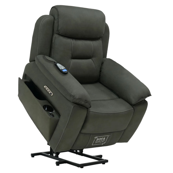 1 Seater Electric Dual Lift Riser Chair In Green Fabric | Hi-Tech Recliner Riser With Massage + Heating Comfort + Power Headrest + LED Light + USB-C | Florence | The Sofa Shop