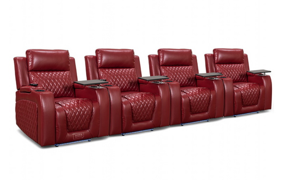 Row of 4 Electric Home Cinema Seats in Red Leather Aire, With Recliner, Massage Seats, USB, Lights, Storage Arms, Chilled Cupholders - Venice Series One