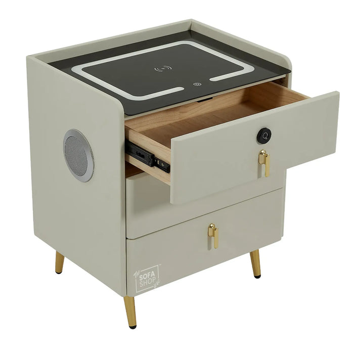 California Smart Bedside Table – Off-White Faux Leather 3-Drawer Nightstand with Fingerprint Lock, LED & Wireless Charger | The Sofa Shop