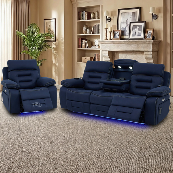 3+1 Electric Recliner Cinema Sofa Set in Blue Fabric | Hi-Tech Sofa Suite with Massage, Heat, Bluetooth Speakers, Fold-Down Table & Wireless Charging | Tuscany | The Sofa Shop