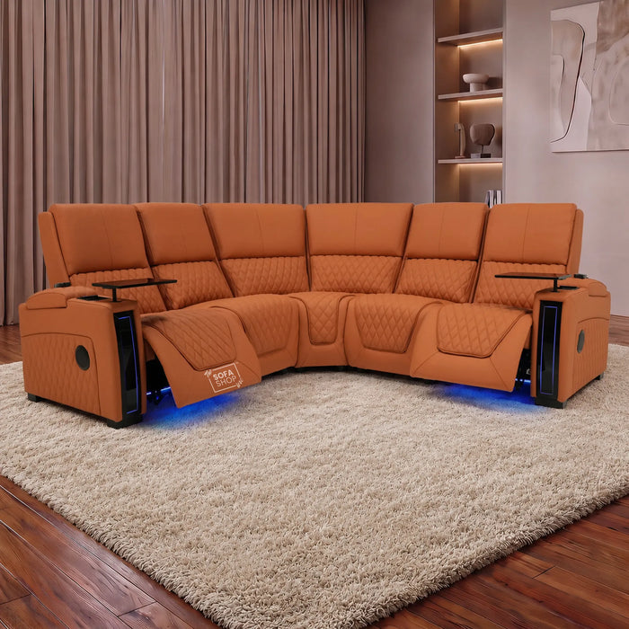 Assisi Corner Cinema Sofa in Orange Real Leather | Hi-Tech Couch with Power Recline + Power Headrests + Wireless Charging + Massage + Heating & Cooling Cupholders | Assisi | The Sofa Shop