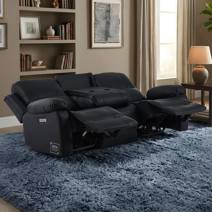Trento 3 Seater Black Real Leather Electric Recliner Sofa | Power Recline, Drop-Down Table & USB-C Charging | The Sofa Shop