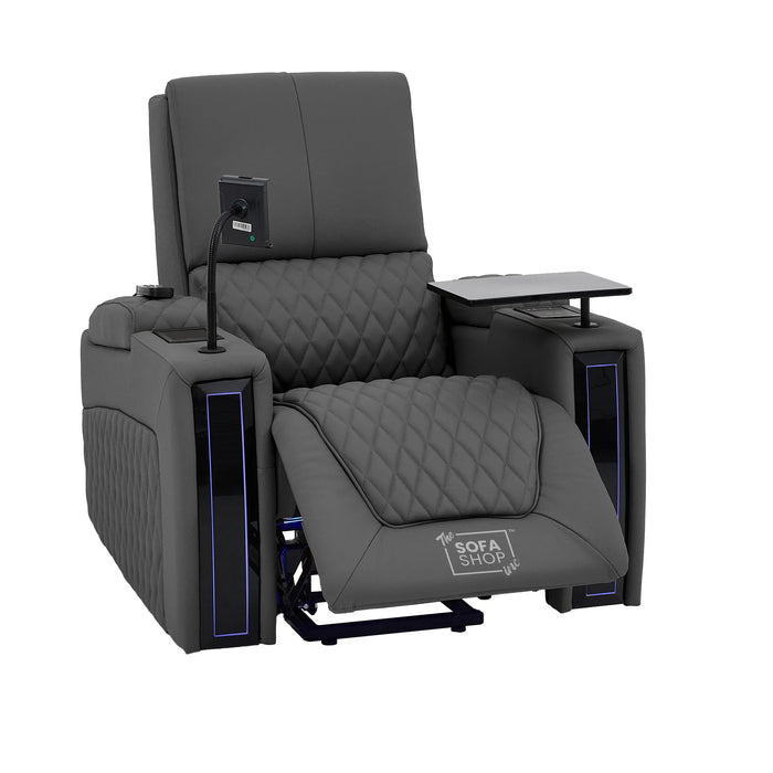 1 Seater Electric Recliner Riser Chair | Power Recline, Heated Lumbar & Massage, Cooling & Heating Cup Holders | Grey Real Leather Riser Armchair with Tray Tables | Assisi | The Sofa Shop