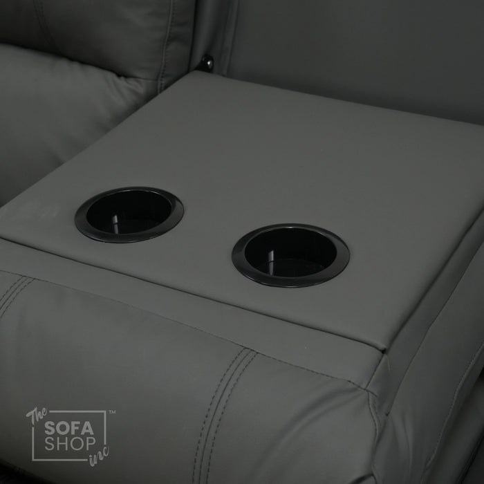 3 Seater Manual Recliner Sofa in Grey Leather | Drop-Down Table & Cup Holders | Trento | Second Hand 28 | The Sofa Shop