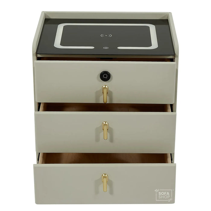 California Smart Bedside Table – Off-White Faux Leather 3-Drawer Nightstand with Fingerprint Lock, LED & Wireless Charger | The Sofa Shop