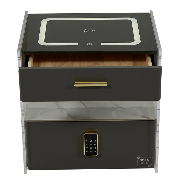Chicago Smart Bedside Table – Grey 2-Drawer Nightstand with LED Lights, PIN-Lock Drawer & Wireless Charger