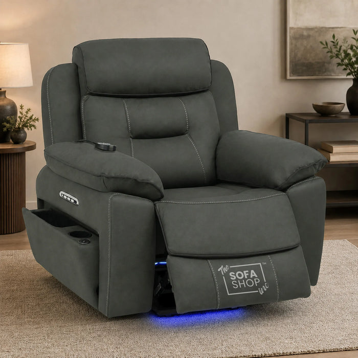 1 Seater Electric Dual Lift Riser Chair In Green Fabric | Hi-Tech Recliner Riser With Massage + Heating Comfort + Power Headrest + LED Light + USB-C | Florence | The Sofa Shop