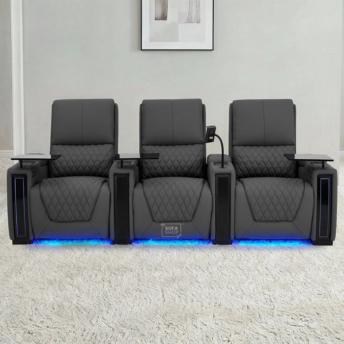 3 Seater Electric Recliner Cinema Sofa in Grey Real Leather | Hi-Tech Cinema Couch with Power Lumbar + Cooling & Heating Cupholders + Wireless Charging + Front Gloss Led + Power Headrests | Assisi | The Sofa Shop
