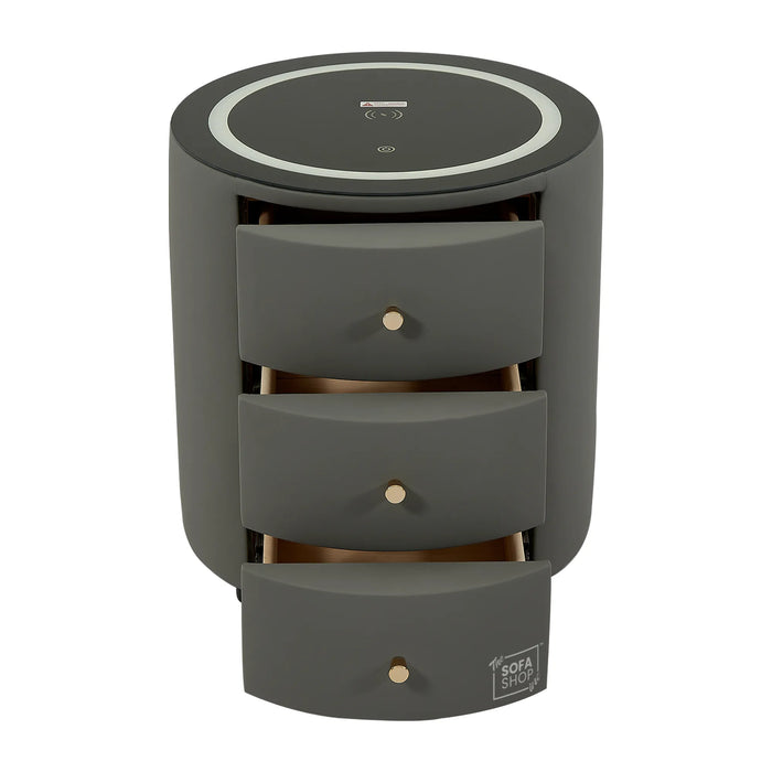 Nashville Smart Bedside Table – Grey Faux Leather 3-Drawer Nightstand with LED Lights, Bluetooth & Wireless Charger | The Sofa Shop