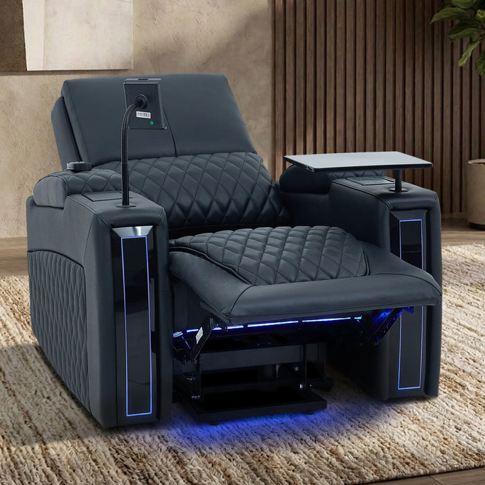 1 Seater Electric Dual Lift Riser Cinema Chair | Power Recline, Heated Lumbar + Massage & Cooling & Heating Cup Holders | Black Real Leather Riser Armchair with Tray Tables | Assisi | The Sofa Shop