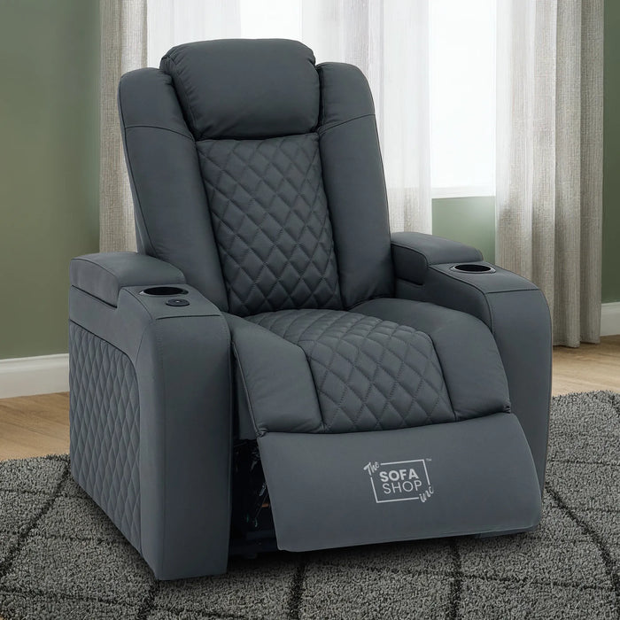 1 Seater Real Leather Electric Recliner Cinema Chair in Grey | Massage, Power Lumbar, Power Headrest, Power Grommet | Milano | The Sofa Shop