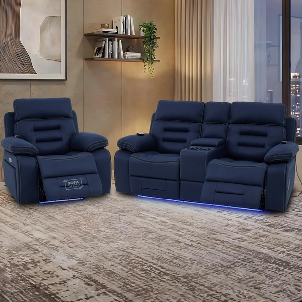 2+1 Blue Fabric Electric Recliner Cinema Sofa Set | Massage, Heat, Multi-Link Bluetooth, Console & Power Headrest | Tuscany | The Sofa Shop