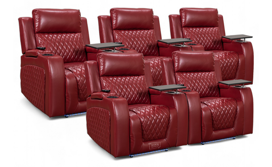 Row of 5 Electric Home Cinema Seats in Red Leather Aire, With Recliner, Massage Seats, Removable Table, USB, Lights, Chilled Cupholders - Venice Series One