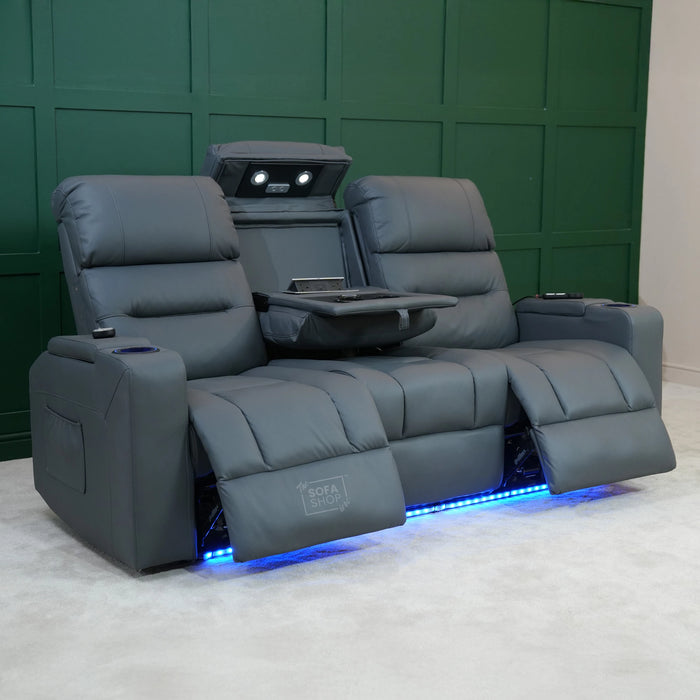 3 Seater Electric Recliner Cinema Sofa In Grey Leather | Table Stuck, Left Side Scuffed, No Ears | Siena | Second Hand Sofa 120
