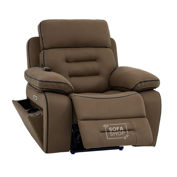 Electric Riser Chair In Mocha Brown Fabric | Hi-Tech Recliner Armchair With Vibration Massage + Heated Lumbar + Cooling Cup Holder + Power Headrest | Tuscany | The Sofa Shop