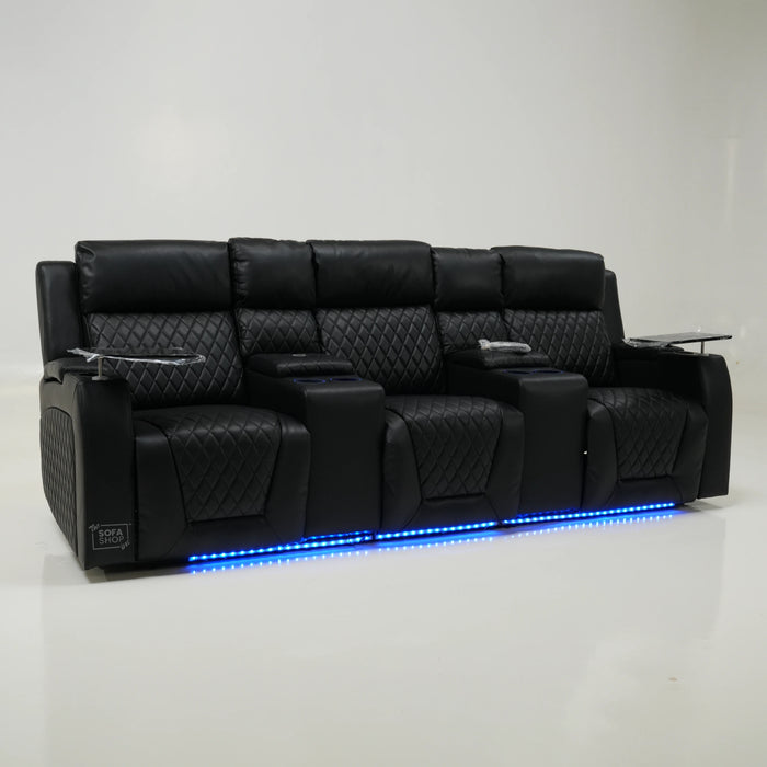 3 Seater Black Leather Electric Smart Recliner With Massage & Tray Tables | Venice | SS33