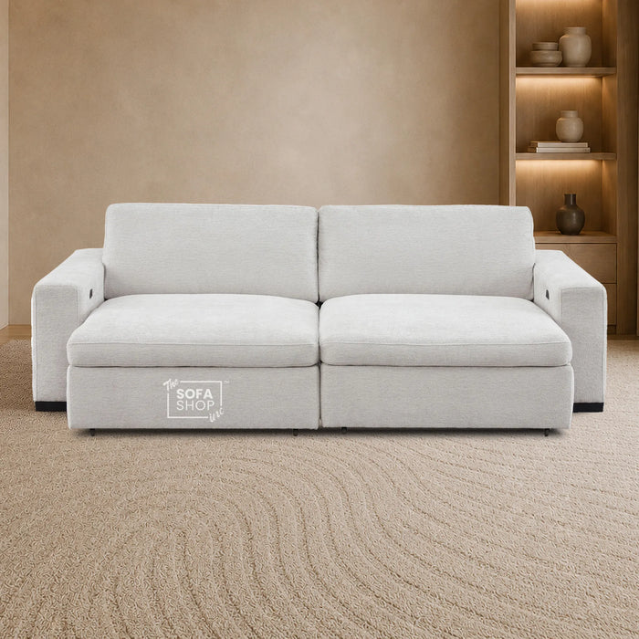 Palma 3 Seater Fabric Extendable Electric Sofa Bed | Power Sliding Couch with USB + USB-C Charging – Light Grey Chenille | Home Theatre Seating & Comfort Headrests | The Sofa Shop