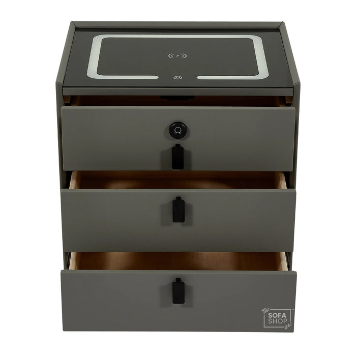 Florida Smart Bedside Table – Grey Faux Leather 3-Drawer Nightstand with LED Lights, Fingerprint Lock & Wireless Charger | The Sofa Shop
