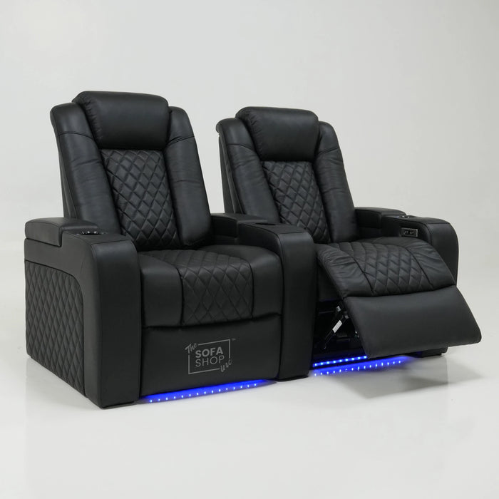 2 Seater Cinema Sofa in Black Real Leather | Hi-Tech Console Couch with Power Recline + Power Headrests + Console Storage + Cup Holders + LED Base Light | Sample |Milano | The Sofa Shop
