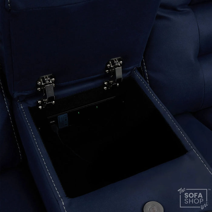 2 Seater Blue Fabric Electric Recliner Cinema Sofa Console | Hi-Tech Sofa with 8-Point Massage, Heated Lumbar, Multi-Link Bluetooth, Cooling & Heating Cupholders | Tuscany | The Sofa Shop