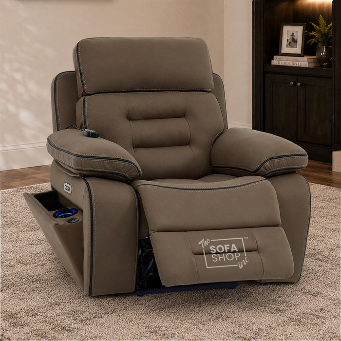 Electric Riser Chair In Mocha Brown Fabric | Hi-Tech Recliner Armchair With Vibration Massage + Heated Lumbar + Cooling Cup Holder + Power Headrest | Tuscany | The Sofa Shop