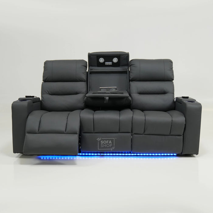 3 Seater Smart Grey Leather Sofa | High-Tech Recline Sofa With Drop-Down Table, USB Port, Vibration Massage | No Ears And Scuff On Corner | Siena | Second Hand Sofa SS02