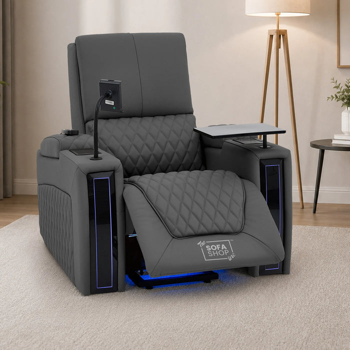 1 Seater Electric Recliner Riser Chair | Power Recline, Heated Lumbar & Massage, Cooling & Heating Cup Holders | Grey Real Leather Riser Armchair with Tray Tables | Assisi | The Sofa Shop
