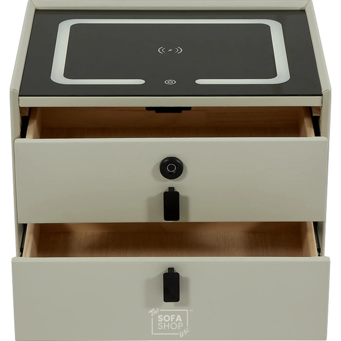 Miami Smart Bedside Table – Off-White 2-Drawer Nightstand with LED Lights, Fingerprint Lock & Wireless Charger | The Sofa Shop