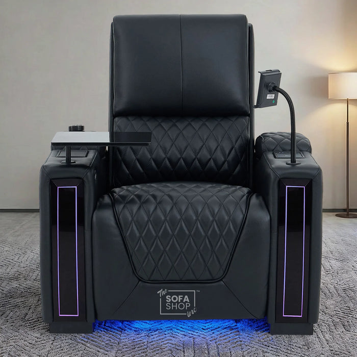 1 Seater Black Real Leather Electric Recliner Cinema Armchair | Hi-Tech Armchair With Vibration Massage & Heated Lumbar, Cooler Cup Holder, Power Grommet, Power Headrest | Assisi | The Sofa Shop