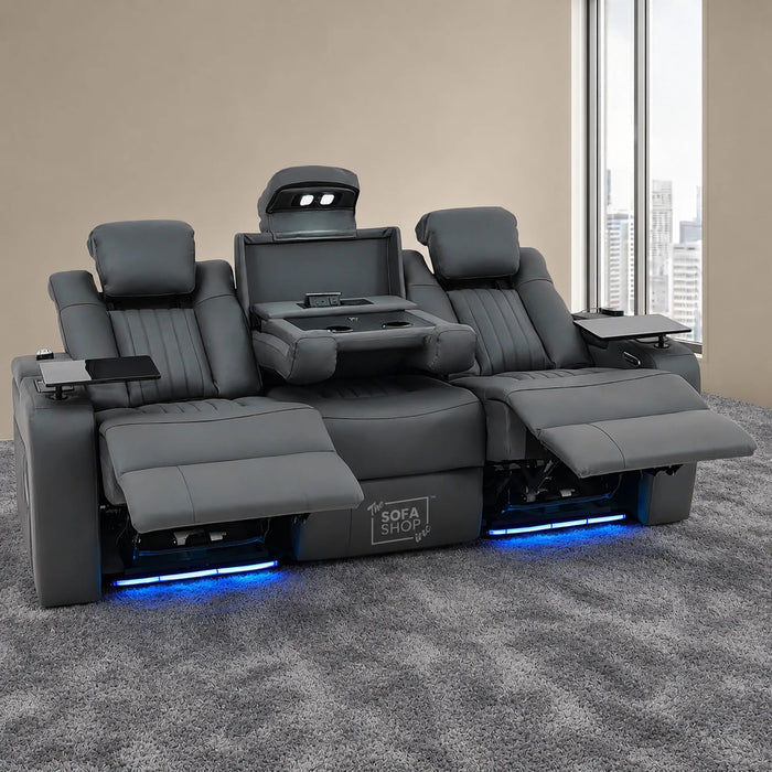 3 Seater Cinema Sofa in Grey Real Leather | Hi-Tech Cinema Sofa with Vibration Massage, Heated Lumbar, Bluetooth Speakers, Heating & Cooling Cupholders | Capri | The Sofa Shop