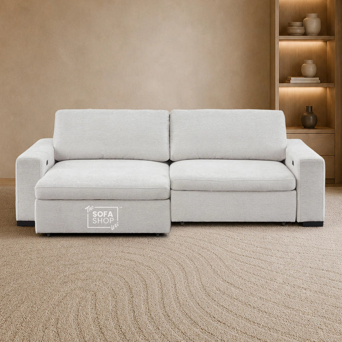 Palma 3 Seater Fabric Extendable Electric Sofa Bed | Power Sliding Couch with USB + USB-C Charging – Light Grey Chenille | Home Theatre Seating & Comfort Headrests | The Sofa Shop