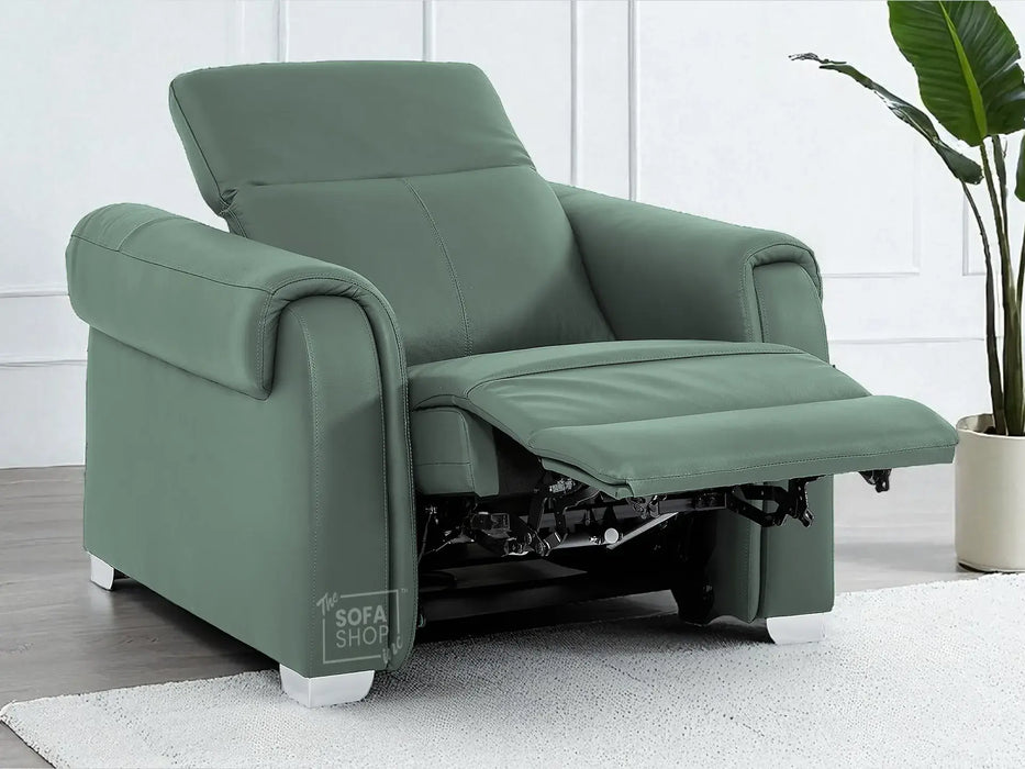 Real Leather Electric Recliner Chair In Green | Hi-Tech Chair with Massage, Power Headrest + USB Charging Ports | Turin