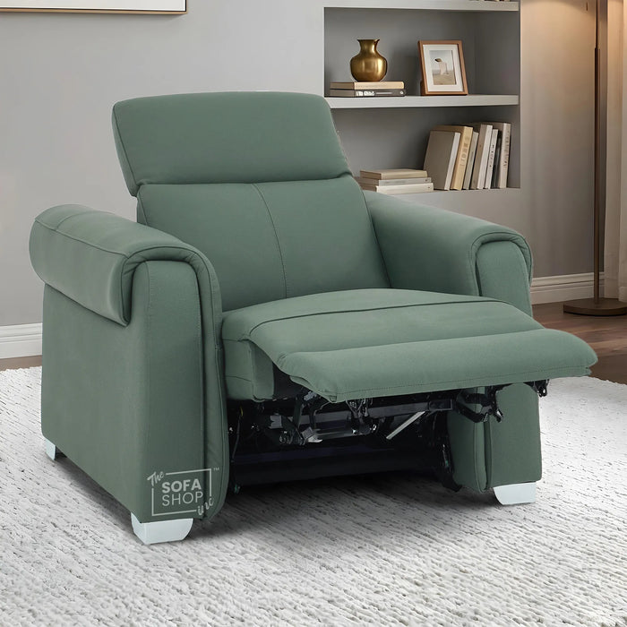 Real Leather Electric Recliner Chair In Green | Hi-Tech Chair with Massage, Power Headrest + USB Charging Ports | Turin