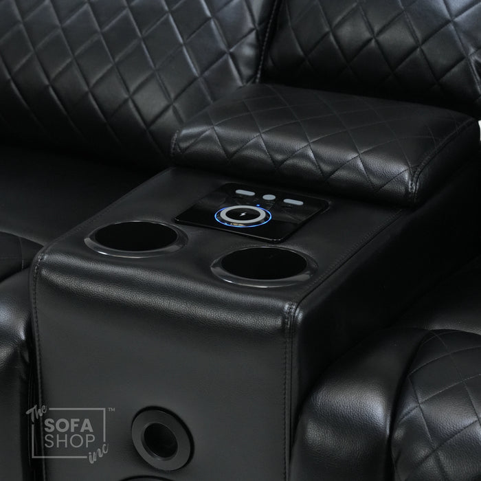 2 Seater Black Leather Smart Recliner With Massage & Speakers | Different Cupholders | Venice | Ex Display