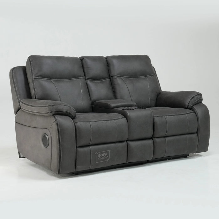 2 Seat Electric Recliner Home Cinema Sofa In Dark Grey Fabric With Bluetooth Speakers & Cooler Cupholders And Adjustable Headrest | Small Console Damage & Cupholder Lights Stay Lit | Vinson | Second Hand Sofa 203