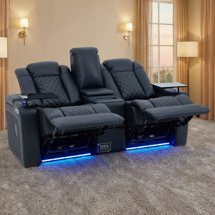 Black Real Leather 2 Seater Electric Recliner Cinema Sofa | Power Headrest, Speakers, Console, Wireless Charging & Cooling Cup Holders | Milano | The Sofa Shop