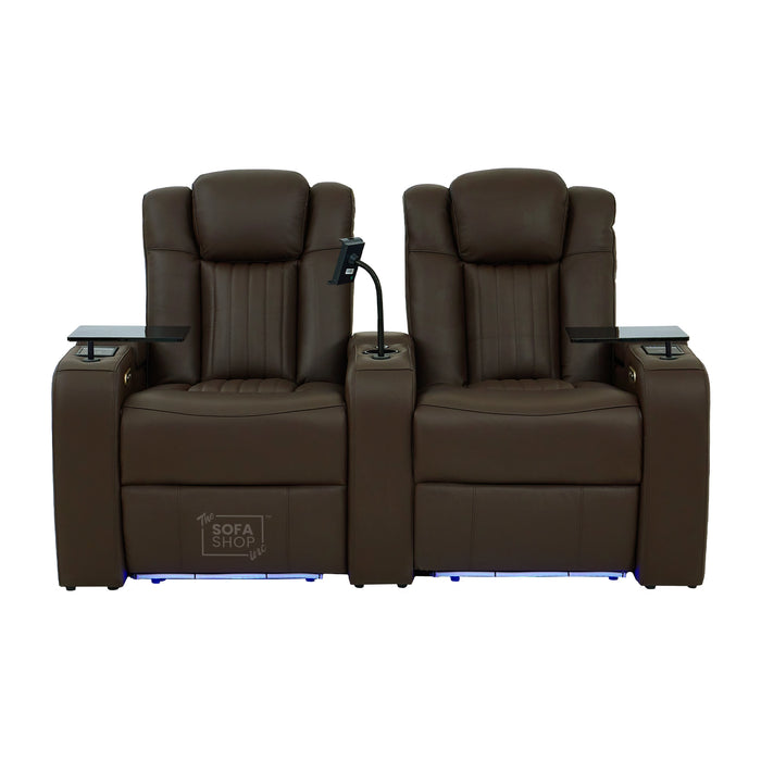 2 Seater Cinema Sofa in Brown Real Leather | Hi-Tech Console Couch with Massage & Heated Lumbar, Wireless Charging, Heat & Cool Cupholders, Bluetooth Speakers & Multi-Link | Capri | The Sofa Shop