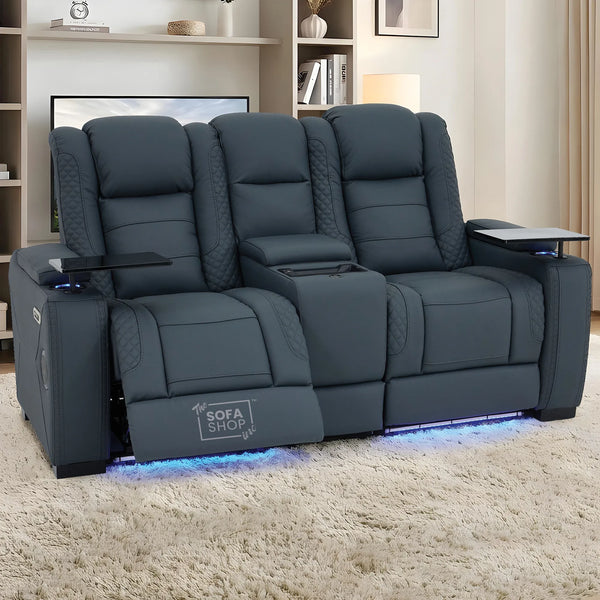 2 Seater Cinema Sofa in Blue Genuine Leather | Hi-Tech Settee with Power Recline + Power Headrests + Power Grommets + Speakers + Cooling & Heating Cupholders | Napoli | The Sofa Shop