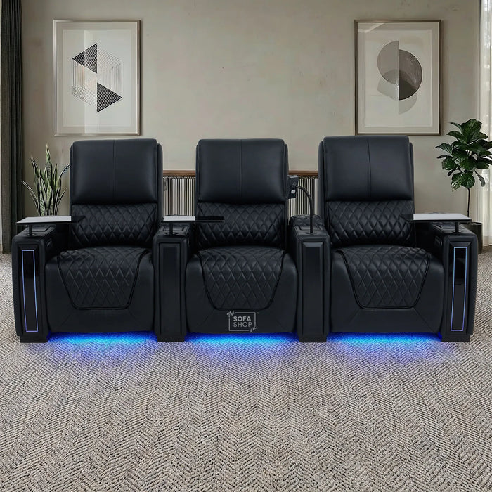 3 Seater Black Real Leather Electric Recliner Cinema Sofa | Leather Settee With Power Lumbar, Power Headrests + Wireless Charging, Heating & Cooling Cupholders, Power Grommets  | Assisi | The Sofa Shop