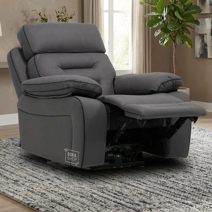 1 Seater Grey Fabric Electric Recliner Cinema Chair | Hi-Tech Armchair With Vibration Massage, Power Headrest, USB Charging & Storage | Tuscany | The Sofa Shop