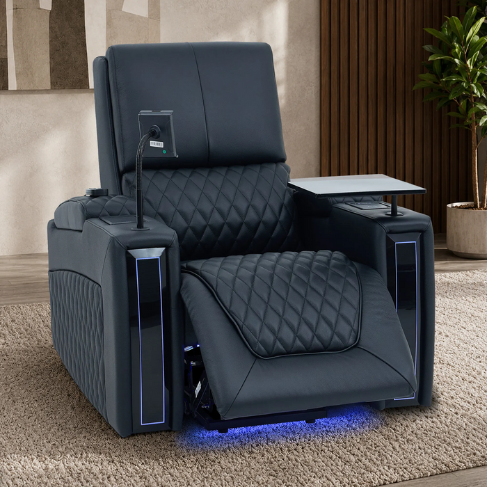 1 Seater Electric Dual Lift Riser Cinema Chair | Power Recline, Heated Lumbar + Massage & Cooling & Heating Cup Holders | Black Real Leather Riser Armchair with Tray Tables | Assisi | The Sofa Shop