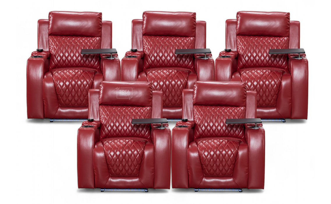 Row of 5 Electric Home Cinema Seats in Red Leather Aire, With Recliner, Massage Seats, Removable Table, USB, Lights, Chilled Cupholders - Venice Series One