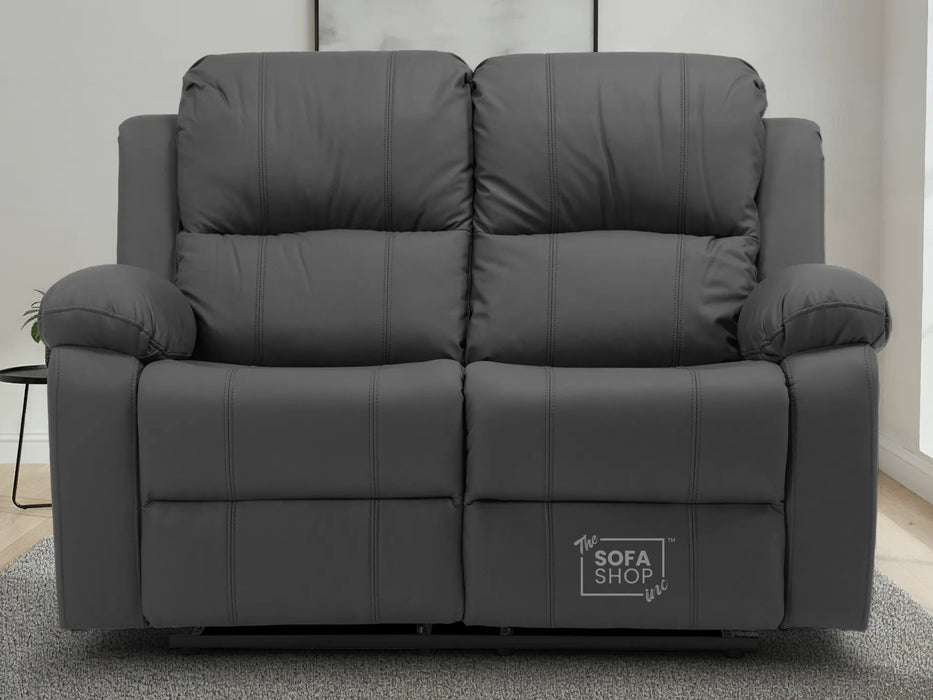 2 Seater Leather Recliner Sofa in Grey | Practical Manual Reclining Sofa with Fully Reclining Mechanism, Easy to Clean Leather & Compact Comfort | Trento