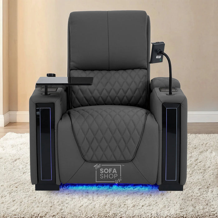 1 Seater Grey Real Leather Electric Recliner Cinema Chair | Recliner Armchair With Vibration Massage, Heated Lumbar And Cooling Cup Holder & Wireless Charging | Assisi | The Sofa Shop