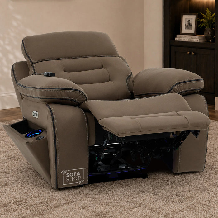 Electric Riser Chair In Mocha Brown Fabric | Hi-Tech Recliner Armchair With Vibration Massage + Heated Lumbar + Cooling Cup Holder + Power Headrest | Tuscany | The Sofa Shop