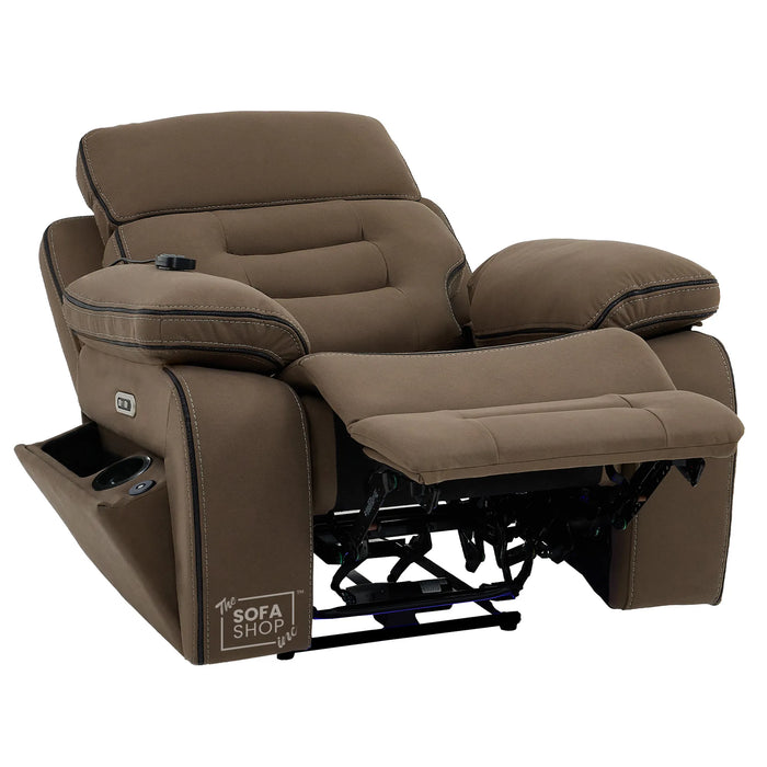 Electric Riser Chair In Mocha Brown Fabric | Hi-Tech Recliner Armchair With Vibration Massage + Heated Lumbar + Cooling Cup Holder + Power Headrest | Tuscany | The Sofa Shop