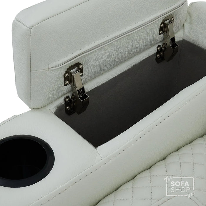 2 Seater Cinema Sofa in White Genuine Leather | Hi-Tech Cinema Sofa with Power Recline + Power Headrests + Settee Storage + Settee Cup Holders + Vibration Massage | Napoli | The Sofa Shop
