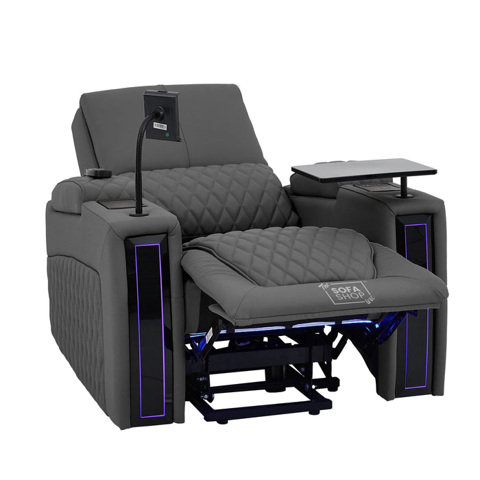 1 Seater Electric Recliner Riser Chair | Power Recline, Heated Lumbar & Massage, Cooling & Heating Cup Holders | Grey Real Leather Riser Armchair with Tray Tables | Assisi | The Sofa Shop