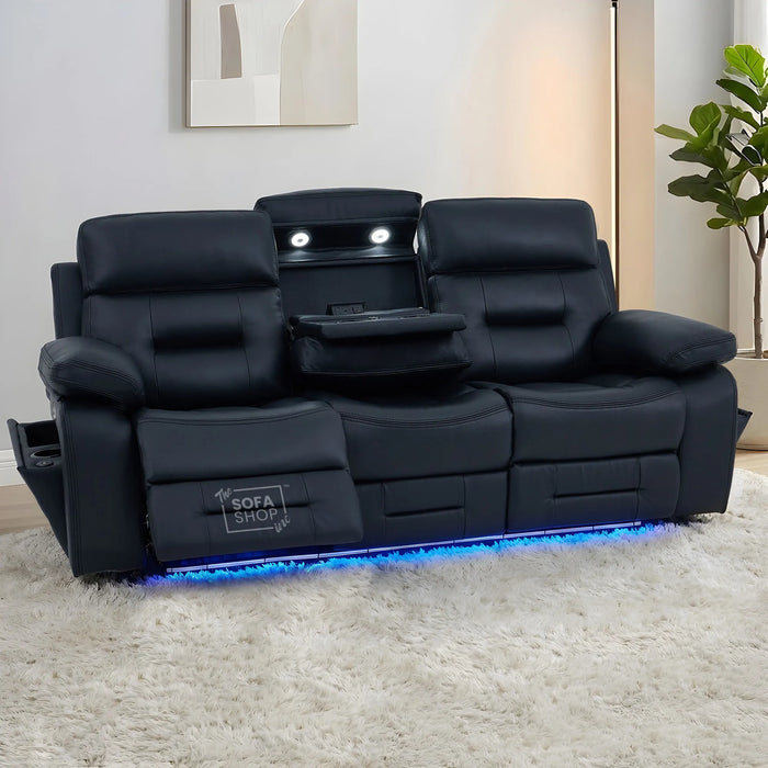 3 Seater Cinema Sofa in Black Genuine Leather | Hi-Tech Couch with Power Recline + Power Headrests + Wireless Charging + Speakers | Sicily | The Sofa Shop